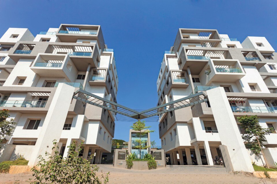 The asymmetrical juxtaposition of blocks creates an interesting façade